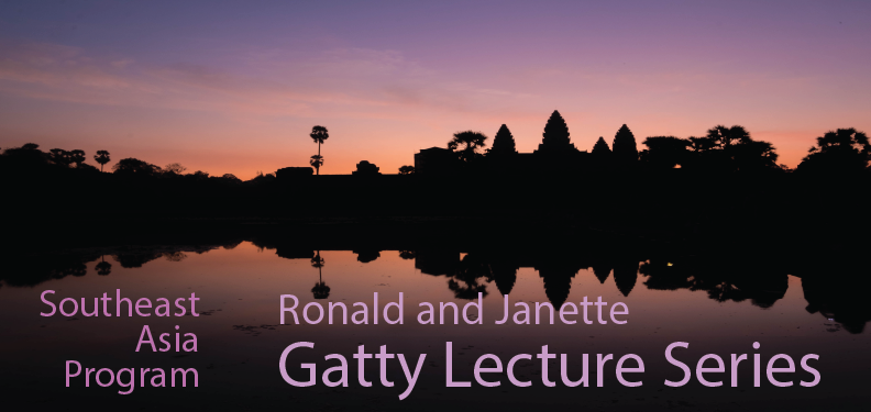 A photo of a sunset over a Southeast Asian landscape, reflected in a body of water. Text below the image reads "Southeast Asia Program: Ronald and Janette Gatty Lecture Series"