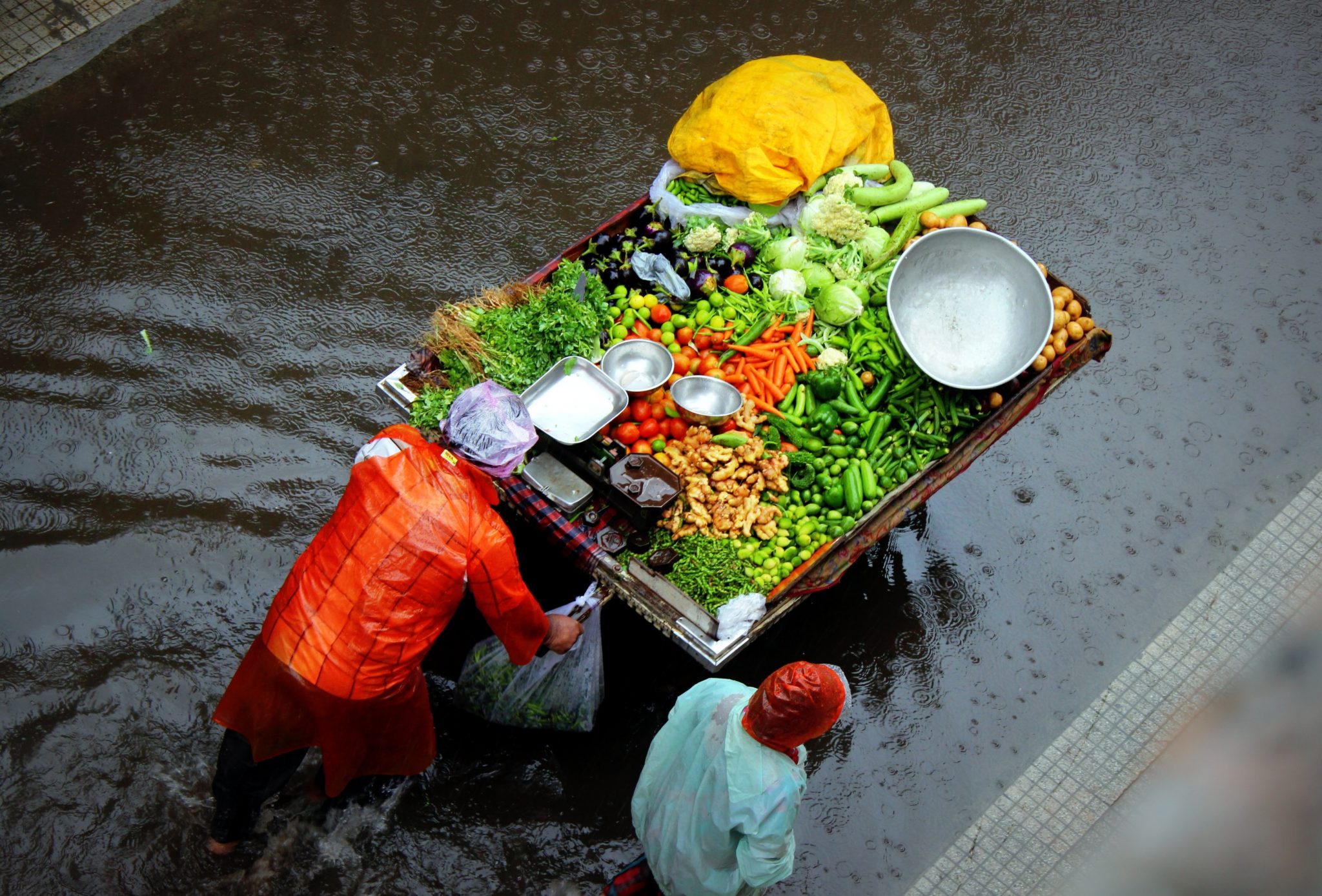 Man pushing cart with colorful vegetables in India 