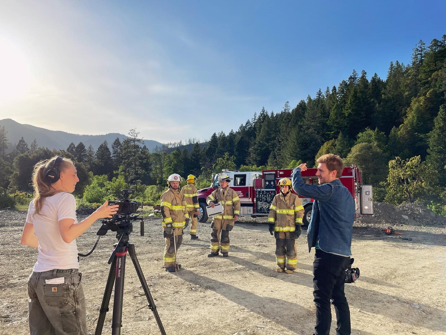 Bruno Seraphin (right) and Stormy Staats (left) making an educational video with the Orleans Volunteer Fire Department. Summer 2021. Karuk territory. Photo by Vikki Preston.