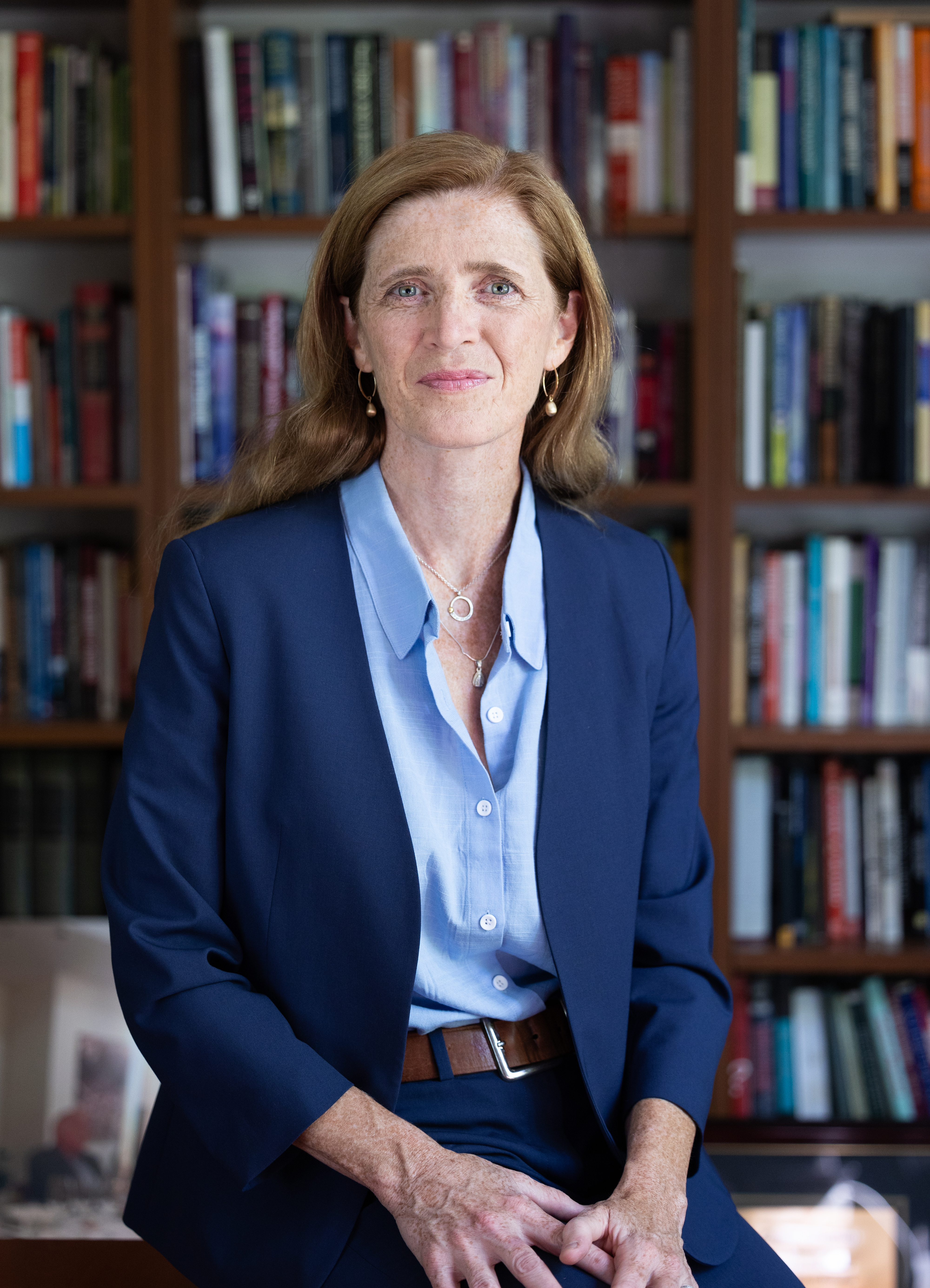 Samantha Power portrait with bookshelves
