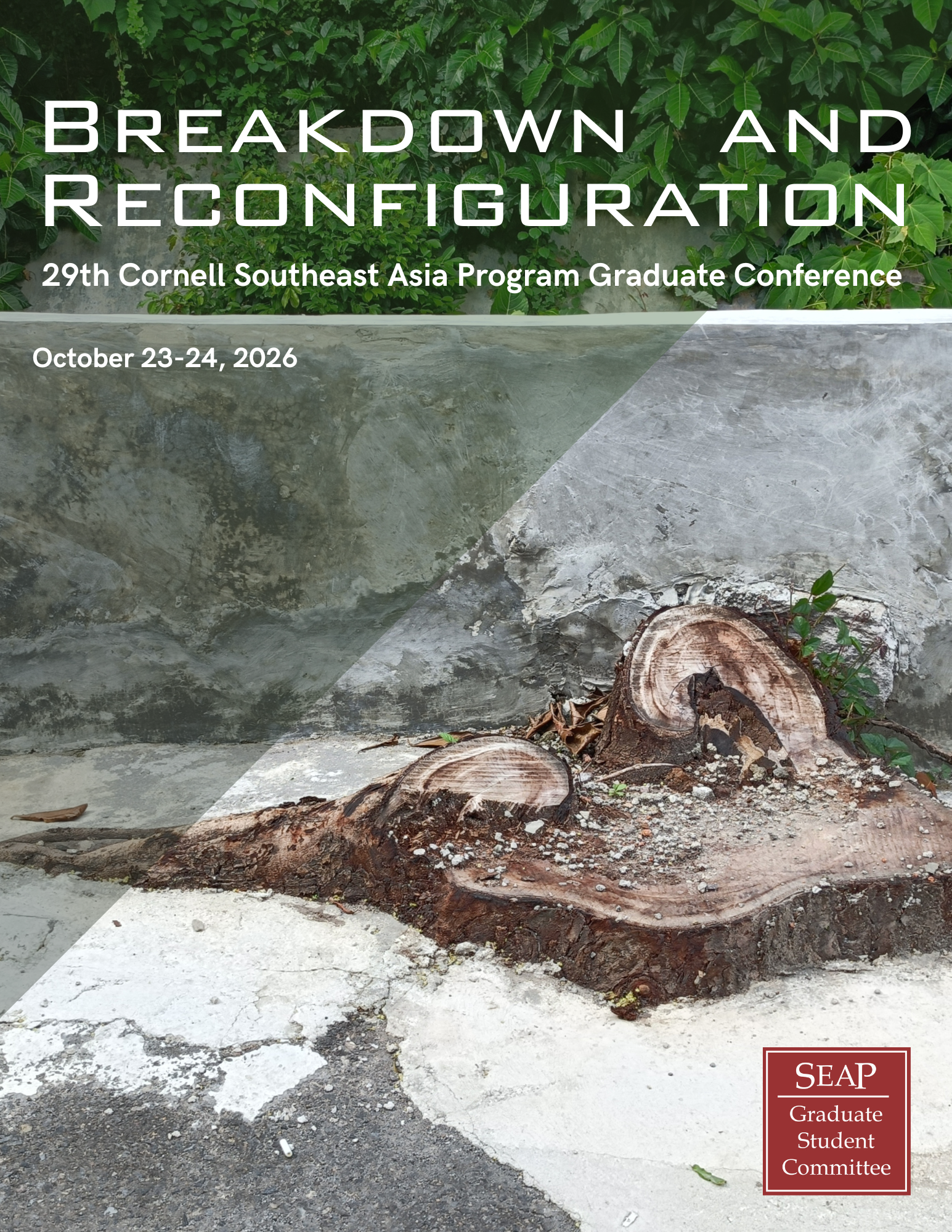The flyer for the conference, featuring the title and an image of a tree stump against a concrete wall. 