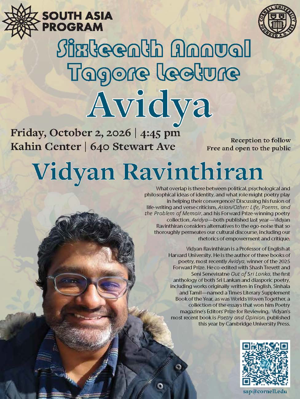 Vidyan Ravinthiran Tagore Lecture flyer