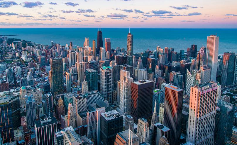 Chicago city architecture and skyscrapers near waterfront