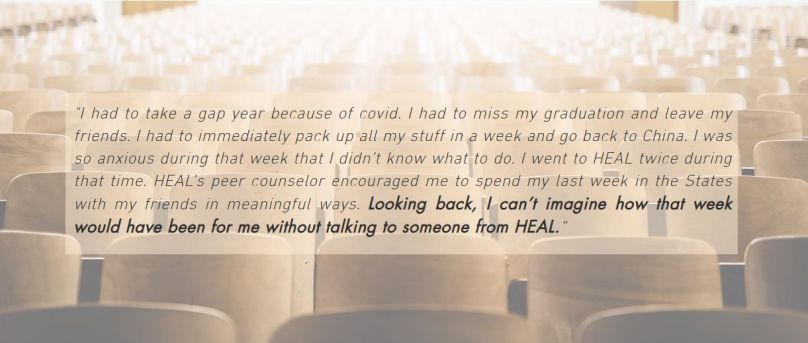 A series of quotes from students on how they benefitted by project HEAL overlays seats in an auditorium