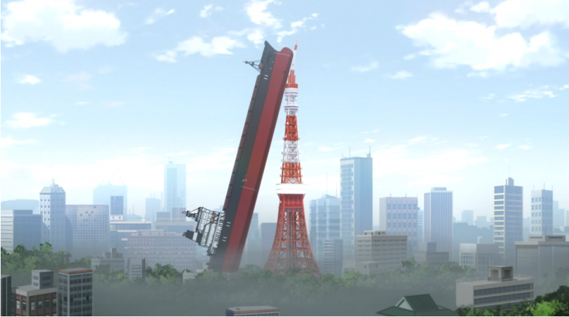 A huge cargo ship is pitched against a red and white Eifel tower against the an East Asian urban skyline shrouded in smog.