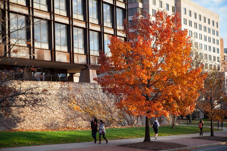 Uris Hall autumn campus scene