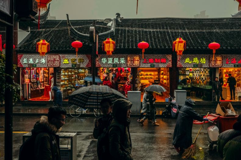 rainy and busy street in China  