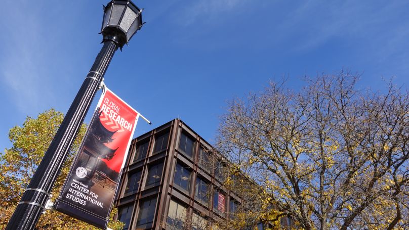 Global Research banner outside Uris Hall