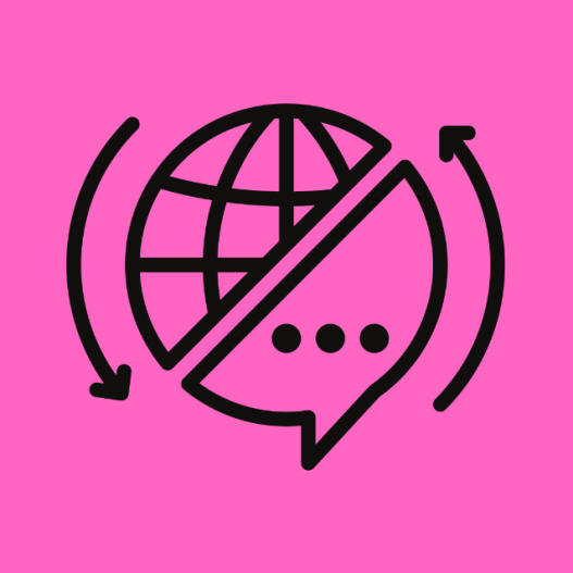 An icon of a globe and a chat bubble.