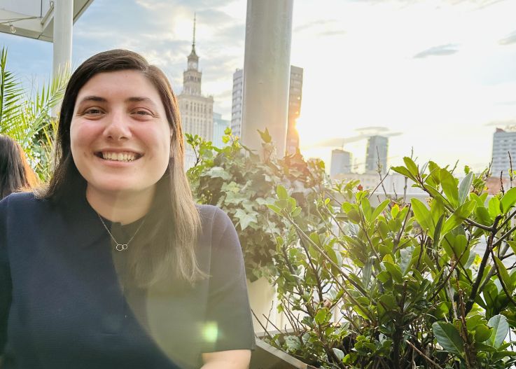 Frances Cayton in front of Warsaw’s Palace of Culture and Science (August 2023). Provided.
