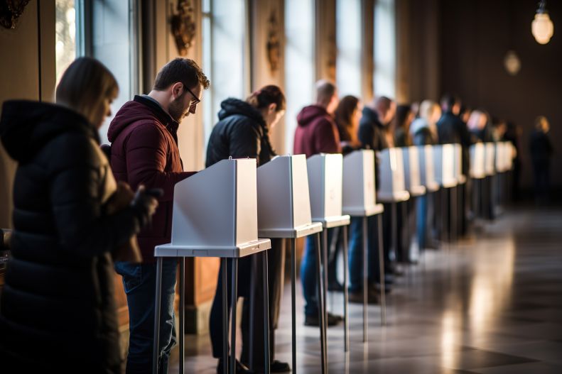 U.S voters casting vote at line of podiums