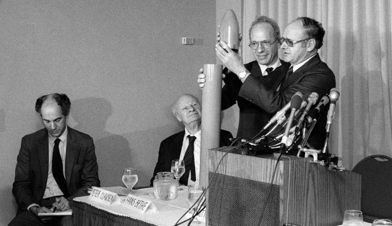 Richard Garwin, Kurt Gottfried and Hans Bethe at a press conference on missile defense, March 22, 1984. Source: James J. MacKenzie, flickr.com.
