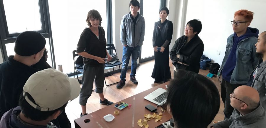 Fulbrighter Lisa Malloy ’17 leading a session of a 16mm filmmaking workshop in Songzhuang, Beijing.