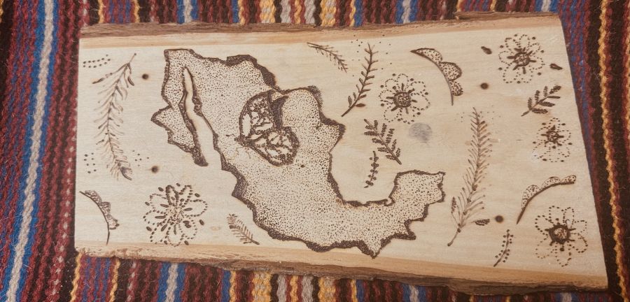 Wood carving of Latin America surrounded by plants and flowers.