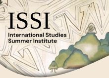 Image of green and blue cartoon mountains with zig zagging lines behind them and text reading: "ISSI, International Summer Studies Institute"