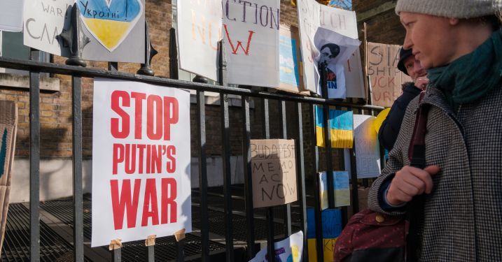 Ukraine War Protest sign reads "Stop Putin's War"
