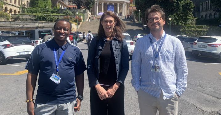 Vice Provost Wendy Wolford (center) met with Eric Ndoh (left) and Diego Quiros (right) at the University of Cape Town in October 2025.