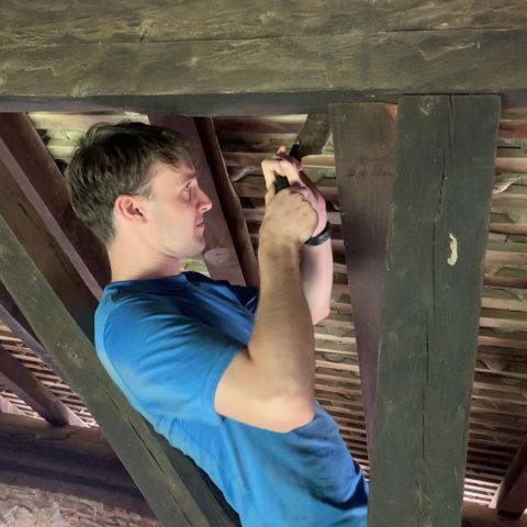 Liam McDonald carrying out dendrochronological sampling at the church of Agios Nikolaos tis Stegis in Cyprus.