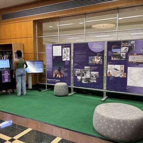 "Our Stories in Motion" exhibit in Mann Library lobby.