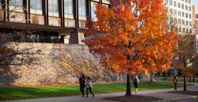 Uris Hall autumn campus scene
